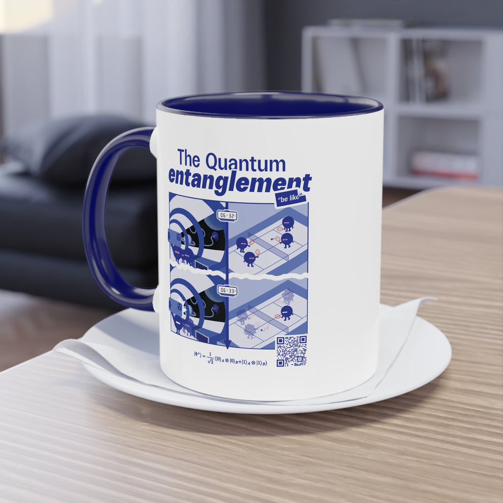Quantum entanglement coffee mug product shot, EigenMode physics gift, dark blue ceramic