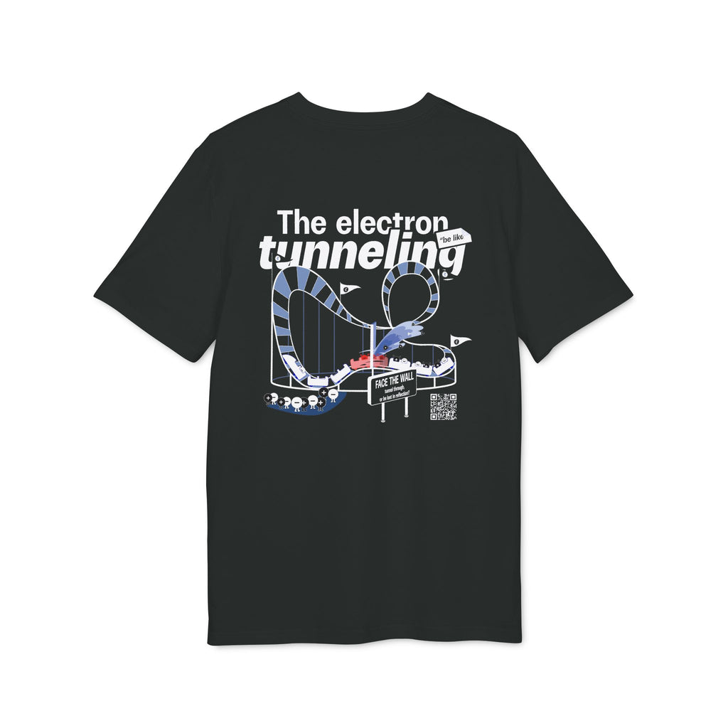 Black T-shirt featuring the electron tunneling effect design, modern quantum physics clothing, 