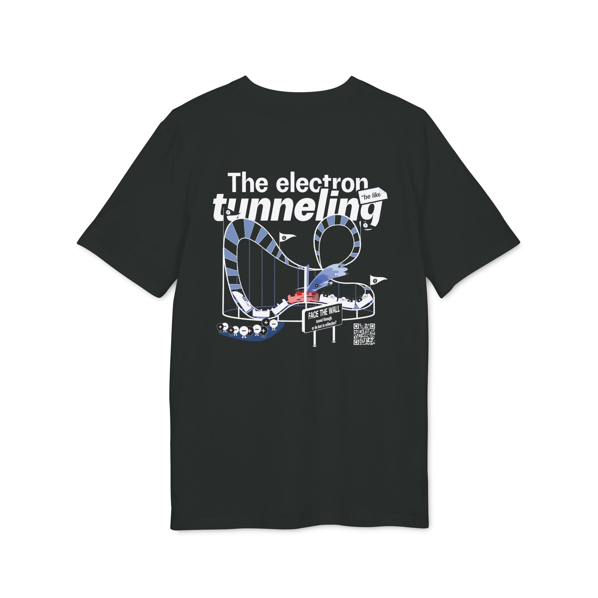 Black T-shirt featuring the electron tunneling effect design, modern quantum physics clothing, 