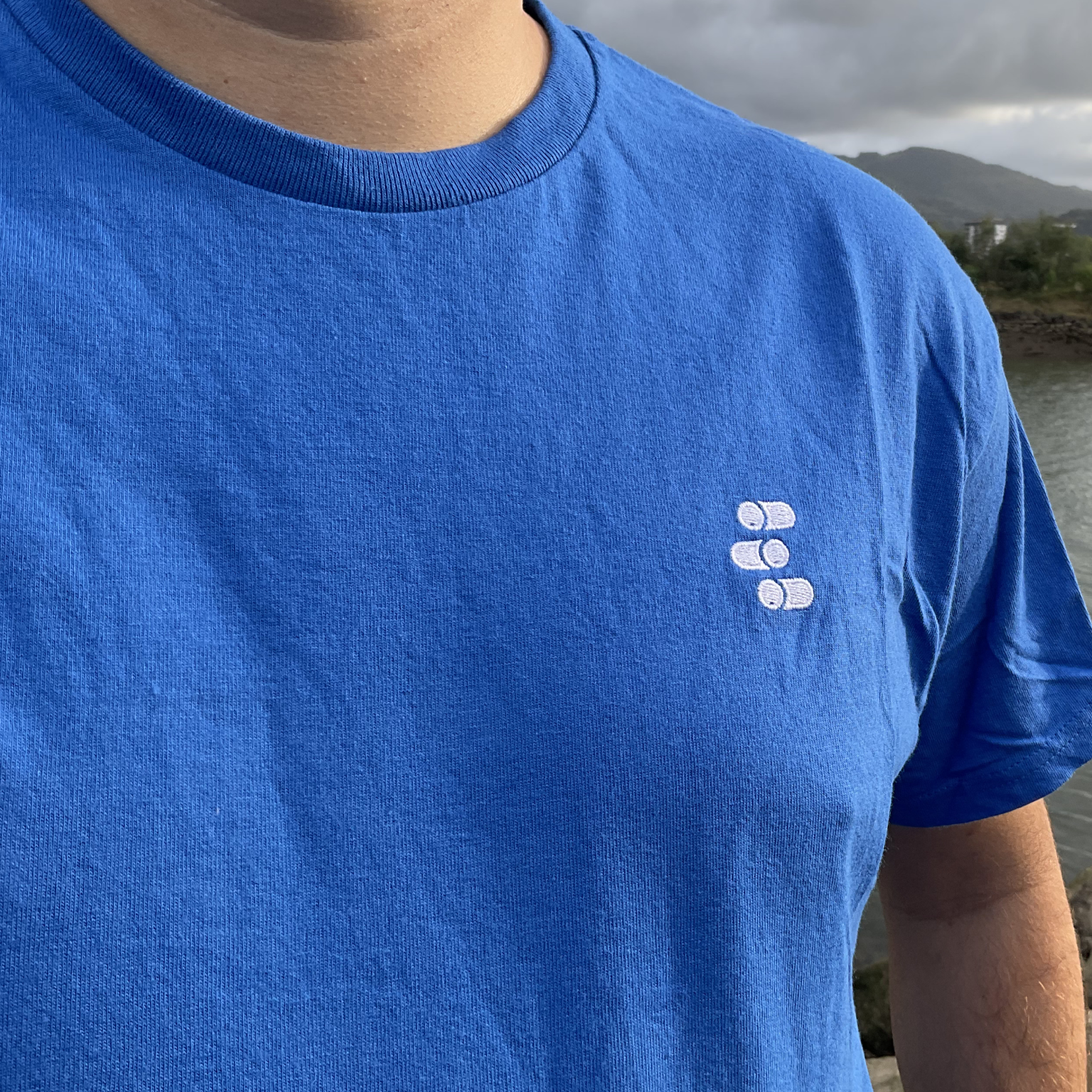 person wearring EigenMode embroidered logo blue T-shirt, premium modern quantum physics clothing in cloudy day