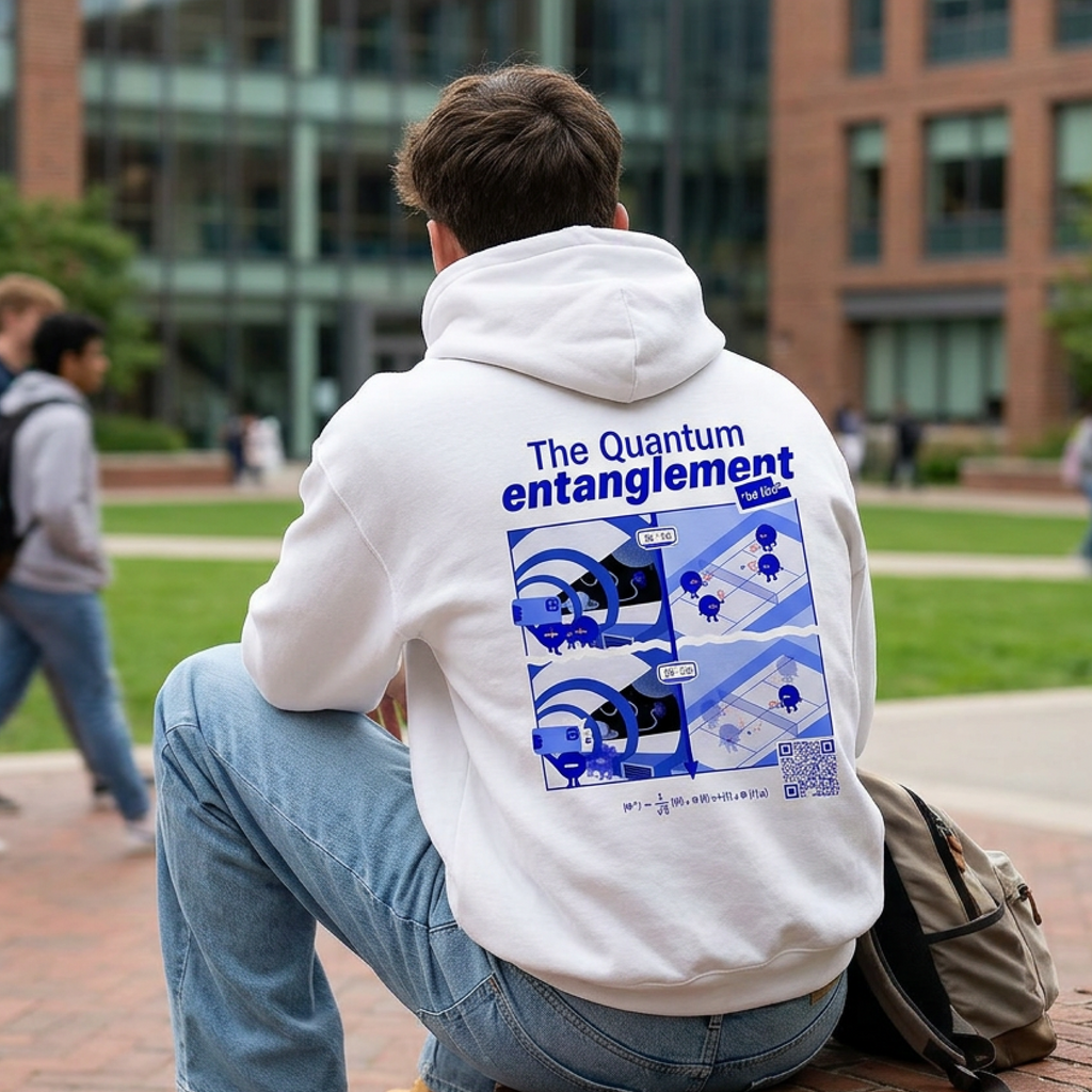 White quantum entanglement hoodie back view. EigenMode physics-inspired streetwear worn on university campus, graphic illustration with Bell state formula, men's oversized hoodie