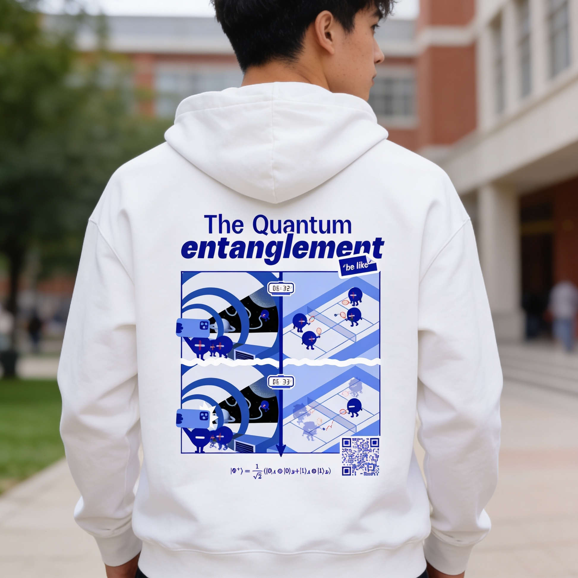 White quantum entanglement hoodie. EigenMode physics streetwear back view, worn on university campus, bold graphic print with Bell state formula and educational QR code, men's fit