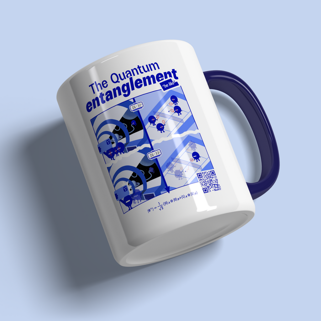 White quantum entanglement mug with blue handle and interior. EigenMode physics gift, comic-style illustration with Bell state equation and QR code, ceramic coffee mug for science lovers, product shot
