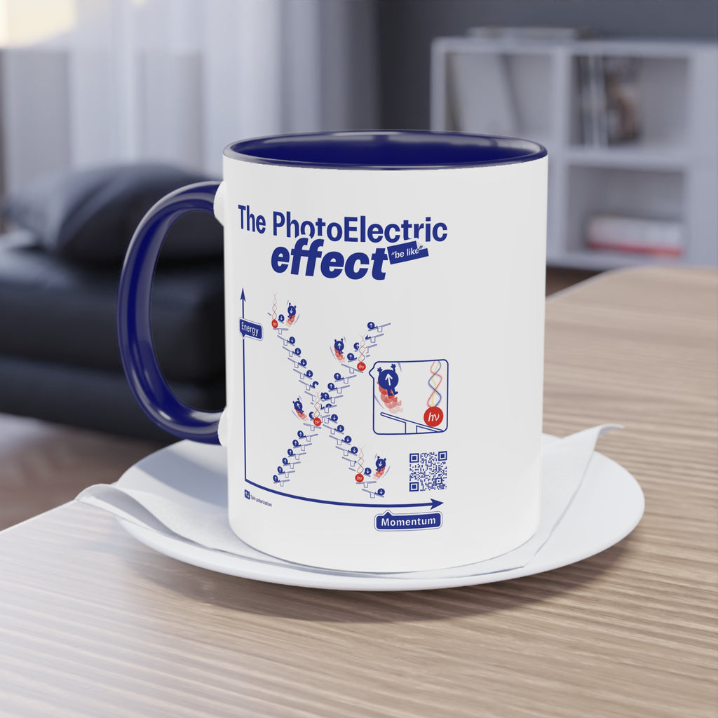 White mug with electric blue inside and 'The Photoelectric effect' design on a table