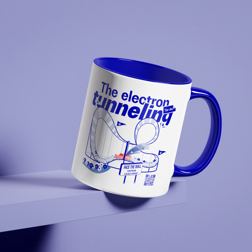 White mug with blue inside 'The electron tunneling' design with blue background