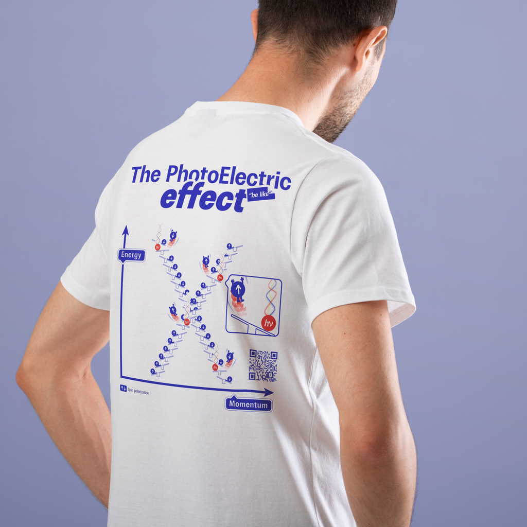 White T-shirt with photoelectric effect scientific graphic, physics-inspired fashion, blue background