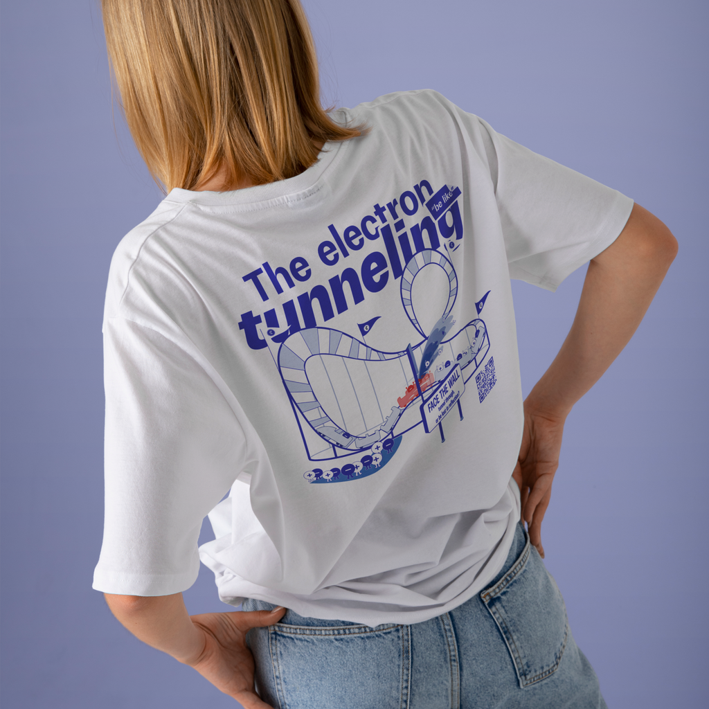 Back view women of T-shirt featuring the electron tunneling effect design, modern quantum physics clothing, purple background