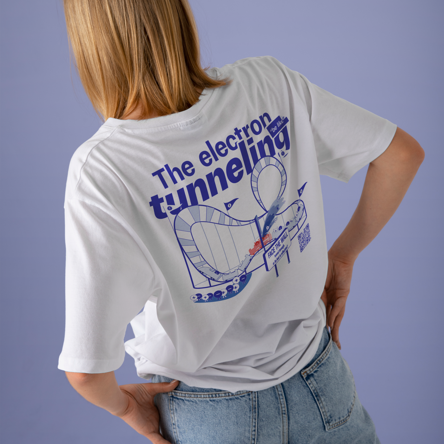 Back view women of T-shirt featuring the electron tunneling effect design, modern quantum physics clothing, purple background