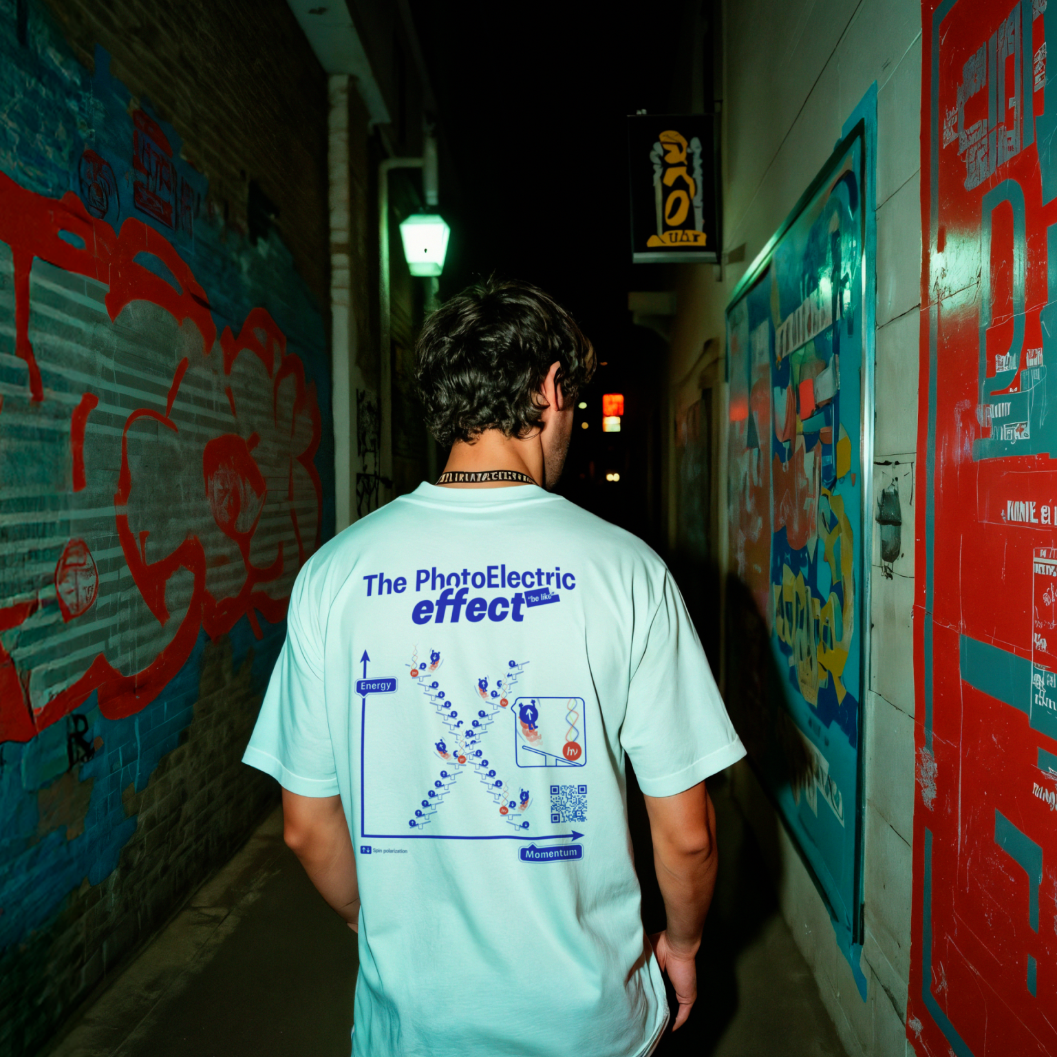 Person walking down with white T-shirt with photoelectric effect scientific graphic, physics-inspired fashiona in graffiti-covered alleyway at night