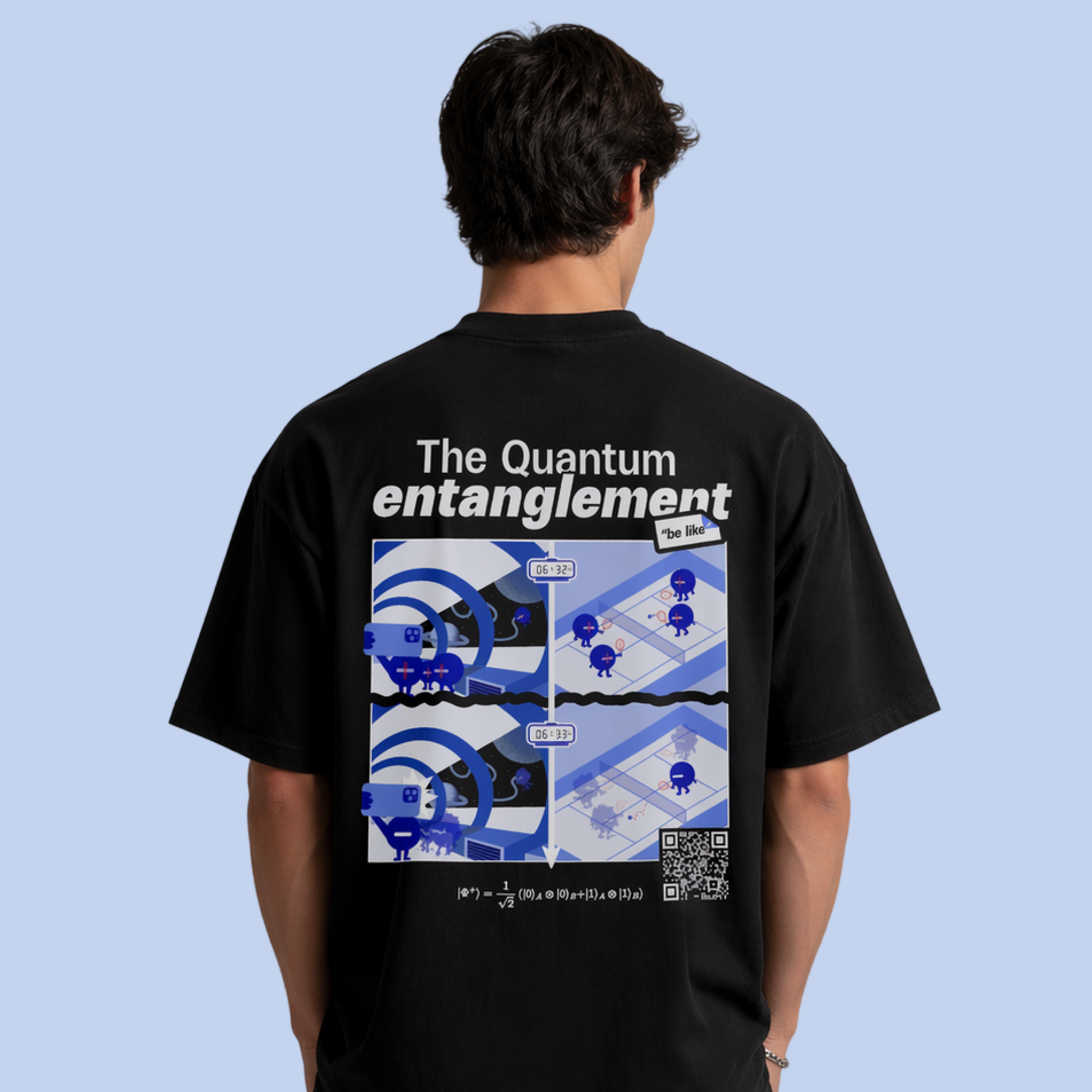 Black quantum entanglement t-shirt back view. EigenMode physics streetwear, men's oversized graphic tee with comic-style illustration, Bell state equation and scannable QR code, studio shot
