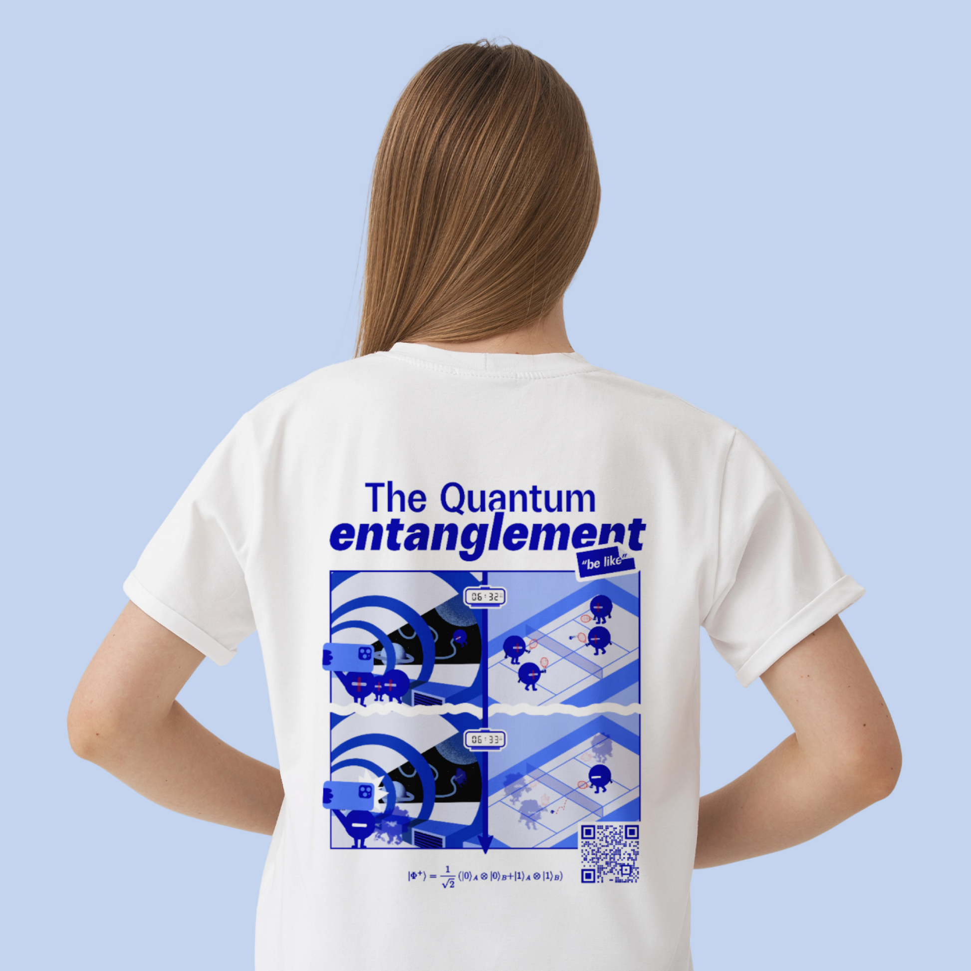 Women's white quantum entanglement t-shirt back view. EigenMode science-inspired graphic tee, blue background studio shot, Bell state formula and illustrated comic print, relaxed fit