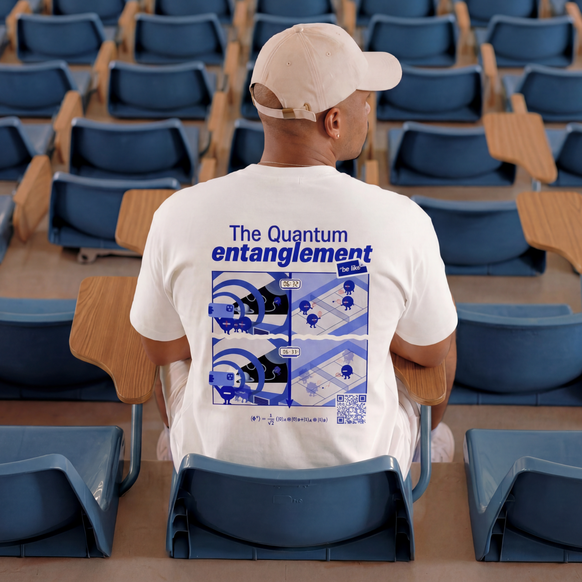 White quantum entanglement t-shirt back view. EigenMode physics streetwear worn in university lecture hall, comic-style graphic with Bell state equation and QR code