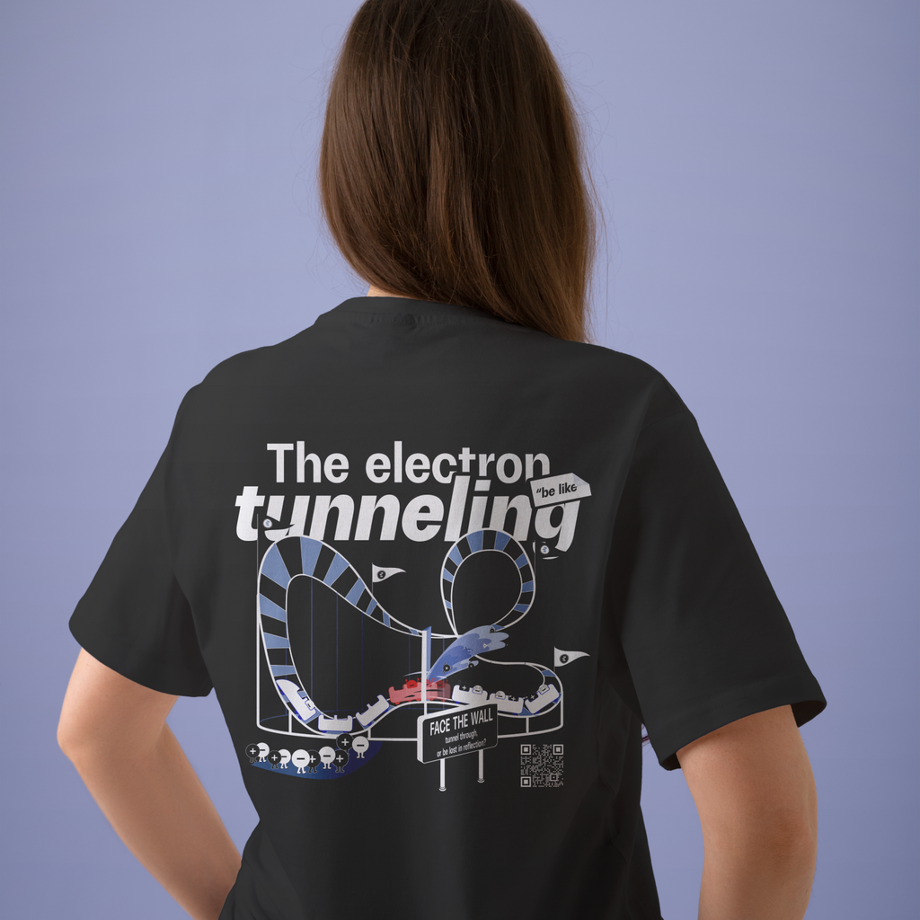 Back view of black T-shirt featuring the electron tunneling effect design, modern quantum physics clothing