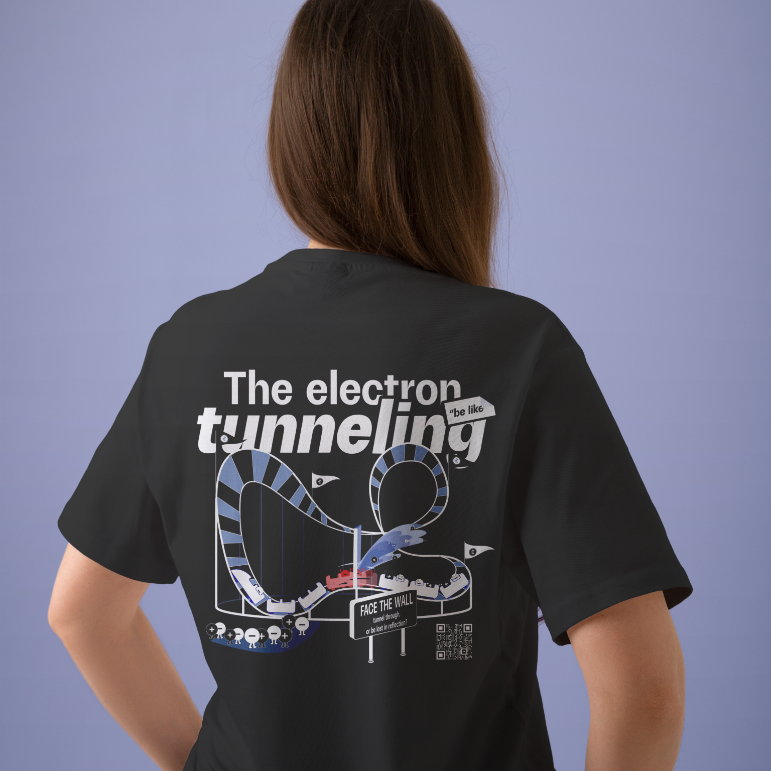 Back view of black T-shirt featuring the electron tunneling effect design, modern quantum physics clothing