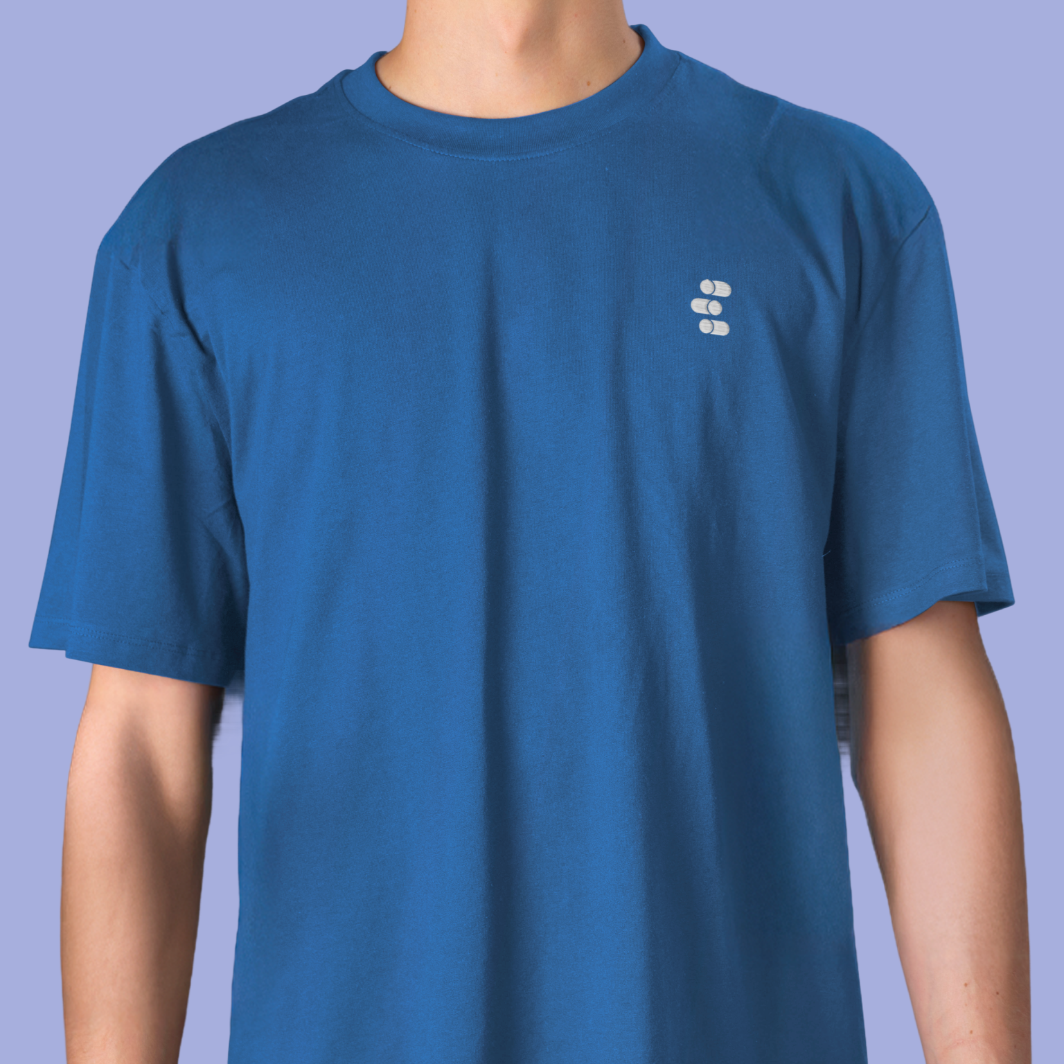 Front view of EigenMode embroidered logo blue T-shirt, premium modern quantum physics clothing