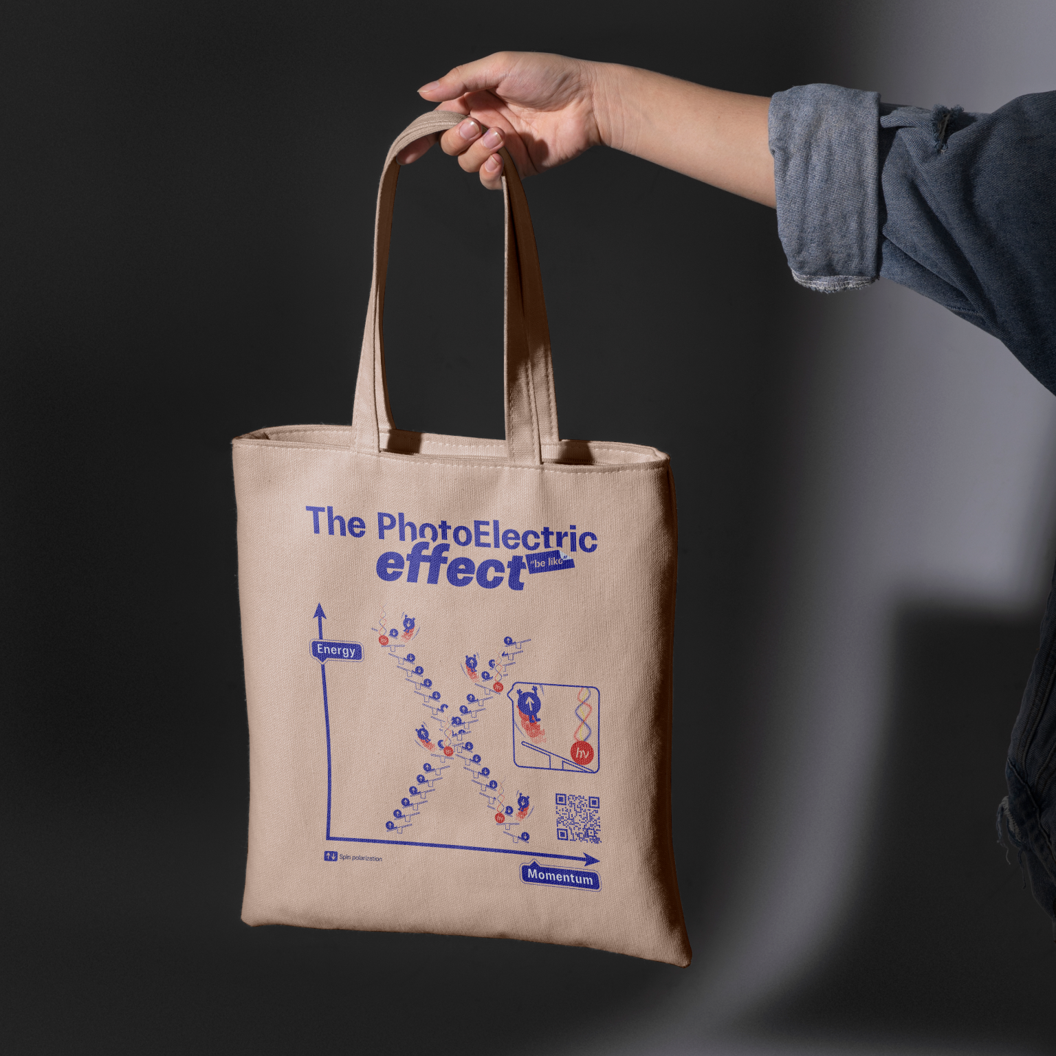 Tote bag with 'The PhotoElectric effect' design held by a hand against a dark background