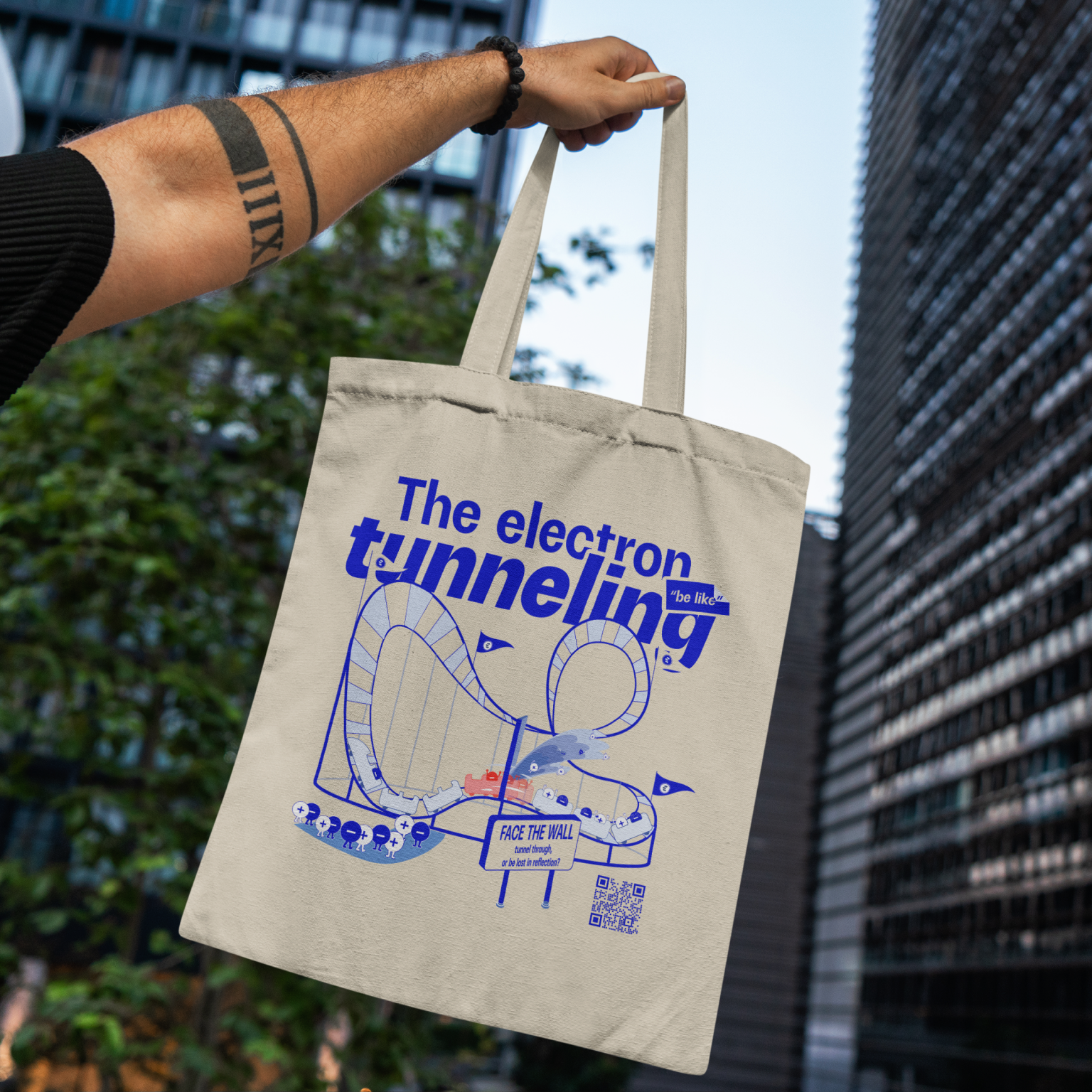White tote bag with the electron tunneling, quantum physics-inspired accessory, street background