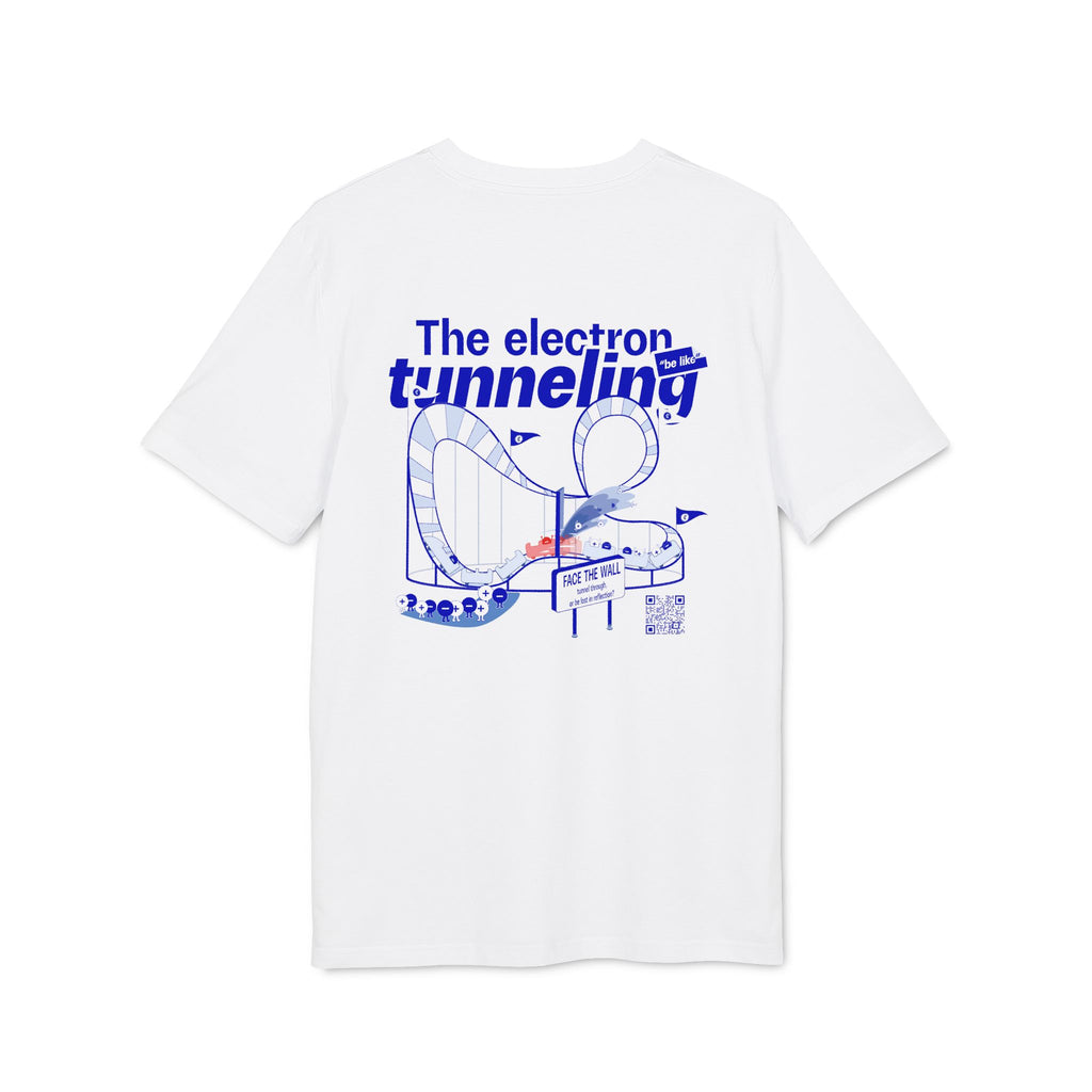 White  T-shirt featuring the electron tunneling effect design, modern quantum physics clothing.