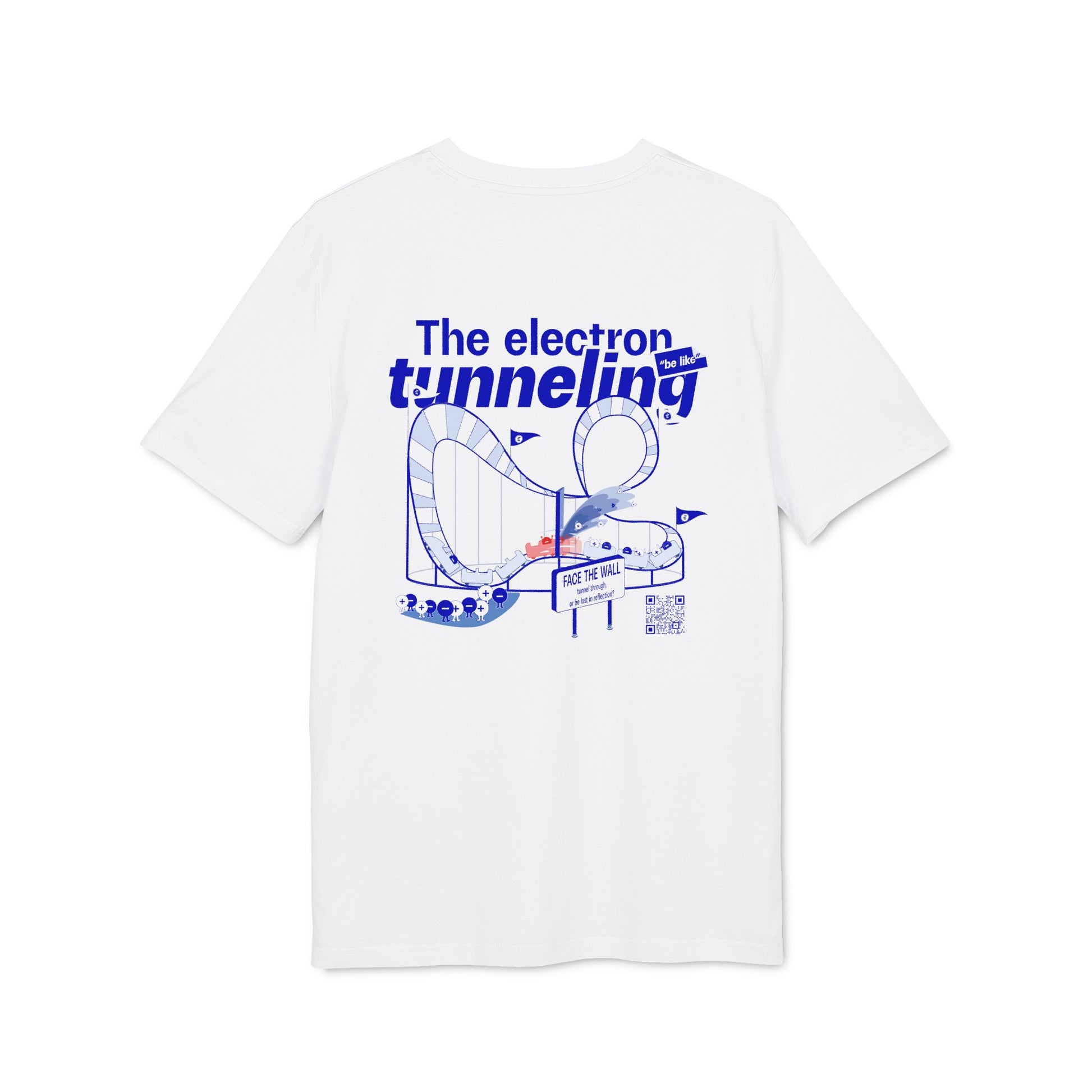 White  T-shirt featuring the electron tunneling effect design, modern quantum physics clothing.