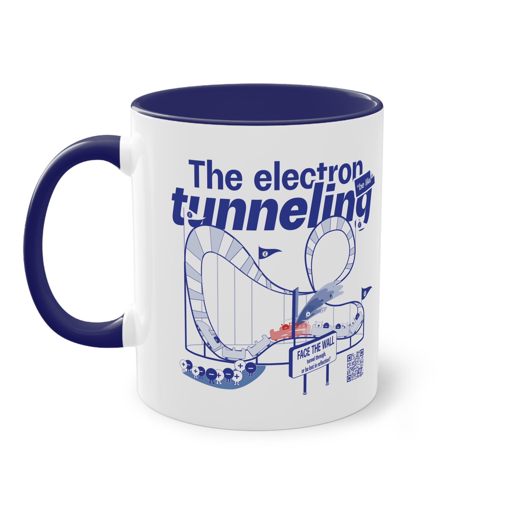 White mug with blue inside 'The electron tunneling' design with white background.