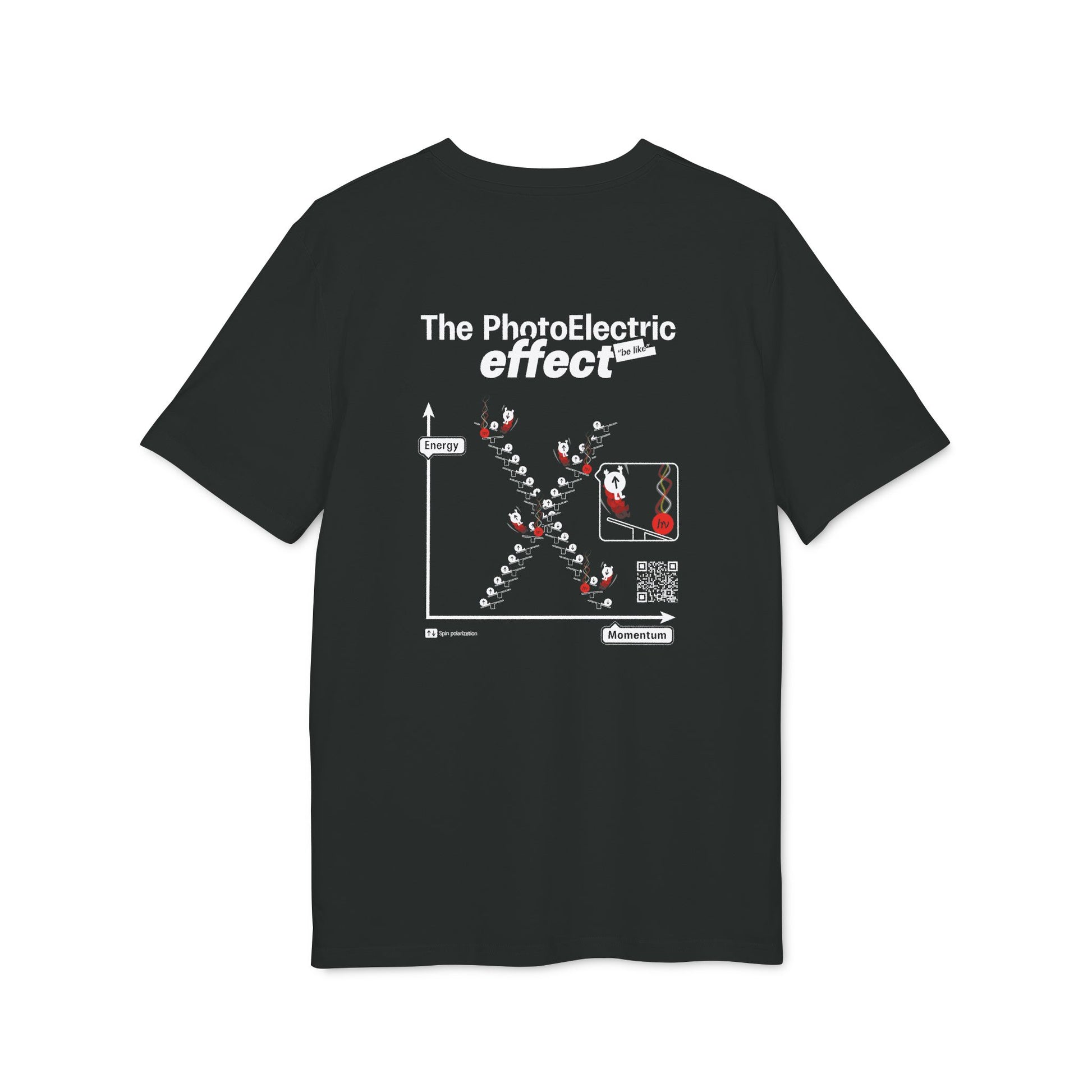 White t-shirt with 'The PhotoElectric Effect' back view graphic design on a white background