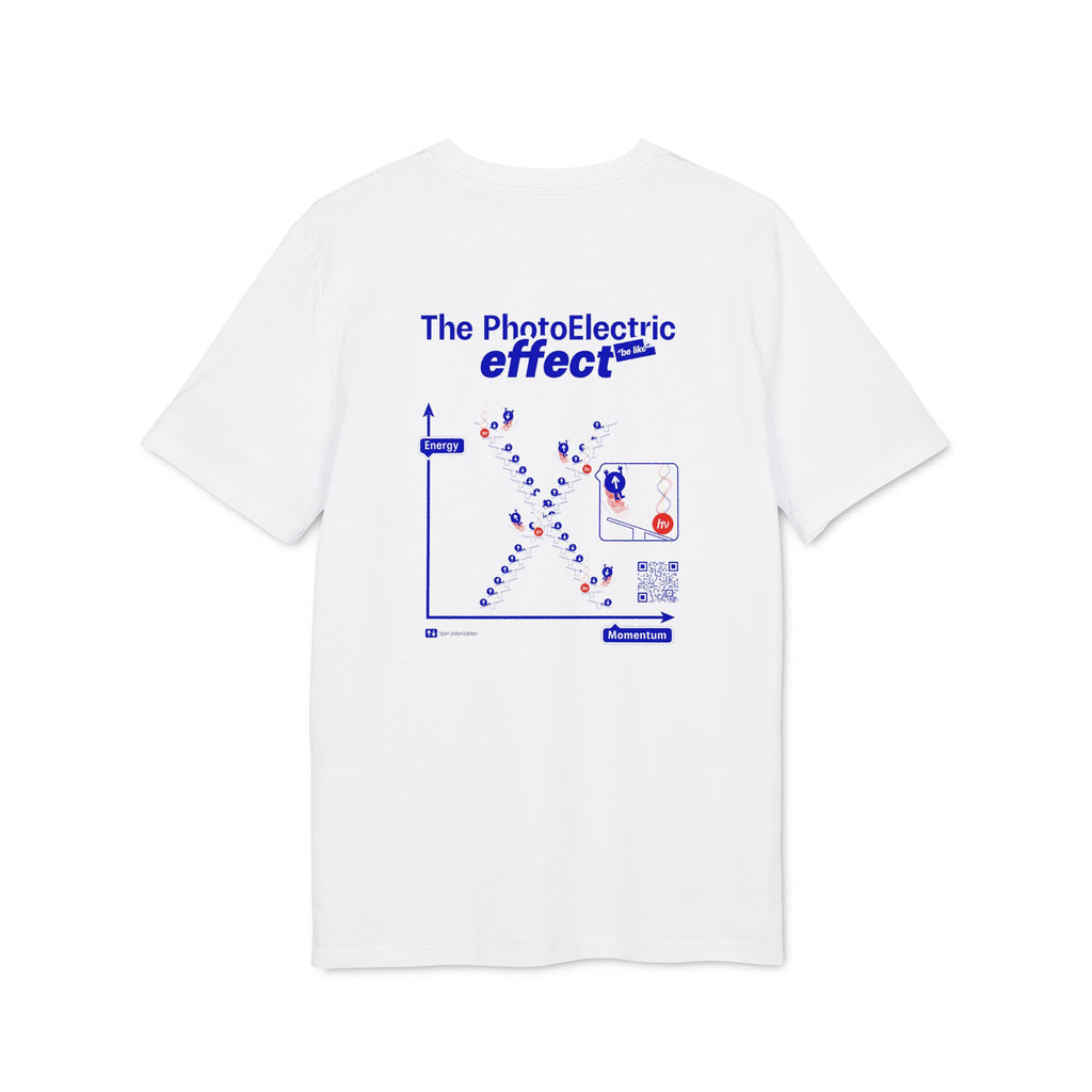 White t-shirt with 'The PhotoElectric Effect' back view graphic design on a white background